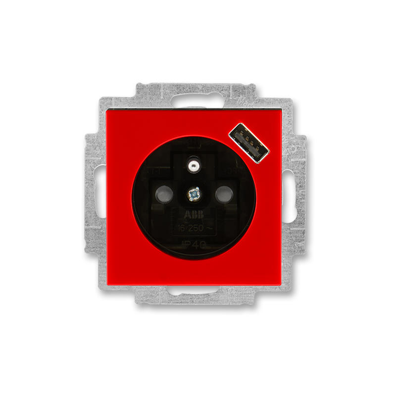 ABB 5569H-A02357 65 Zásuvka 1násobná s kolíkem, s clonkami, s USB nabíjením, červená/kouř. černá