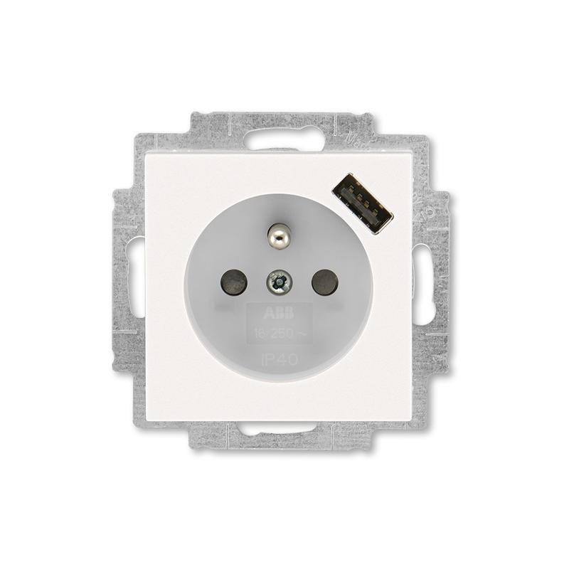 ABB 5569H-A02357 68 Zásuvka 1násobná s kolíkem, s clonkami, s USB nabíjením, perleťová/ledová bílá