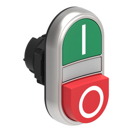 LOVATO Electric LPCBL7223 Dvoutlačítková plastová hlavice zelená/červená se symboly I-O lícující vystouplý prosvětlený střed