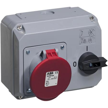 ABB 2CMA167721R1000 Zásuvka s blokovaným vypínačem, horizontální, 4p., 63 A, IP44, 6 h, šedá-červená