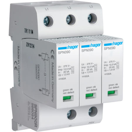 Hager SPN900R Kombi. svodič přepětí T1+T2, Iimp 12,5 kA (10/350),3-pól pro síť TN-C se sig., MOV
