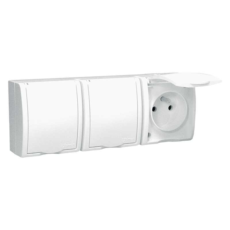 Simon AQGZ1-3/11 Trojitá kolíková zásuvka s uzemněním - ve verzi IP54 - klapka v bílé barvě bílá 16A
